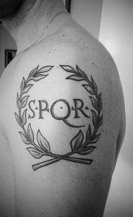 Masculine Spqr Olive Branch Upper Arm Tattoos For Men
