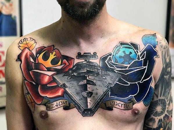 Star Destroyer chest tattoo flanked by red and blue roses, symbolizing the Rebel Alliance and Galactic Empire with vivid color contrasts.