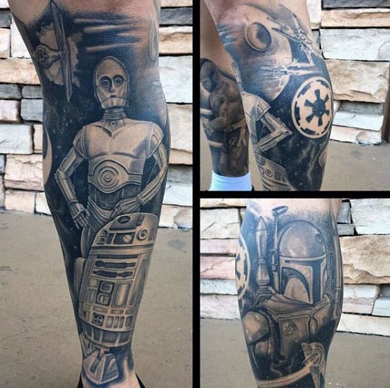Masculine Star Wars Shaded Rd2d Leg Sleeve Tattoos For Men