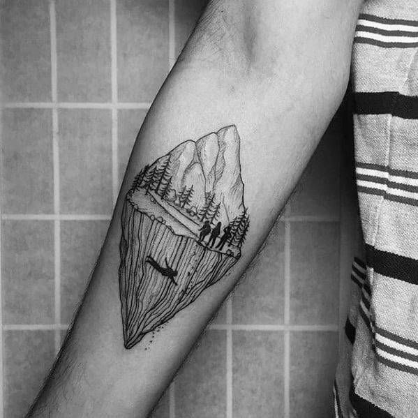 Minimalist black ink tattoo of kids biking through a forest on a floating island, with the Demogorgon lurking beneath the surface.