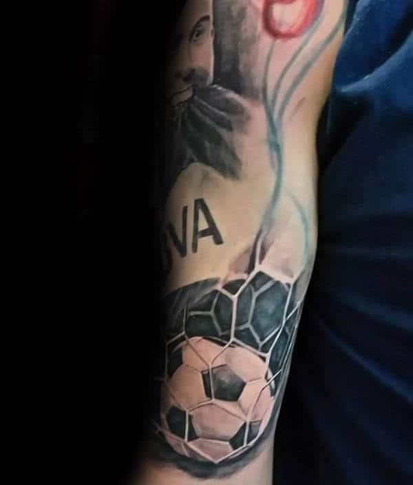 Masculine Tattoo Of Soccerball In Net For Men