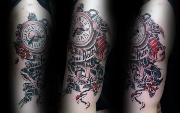 Detailed upper arm tattoo with a broken clock, red roses, blood-like accents, and scroll text reading Time Waits for No Man.
