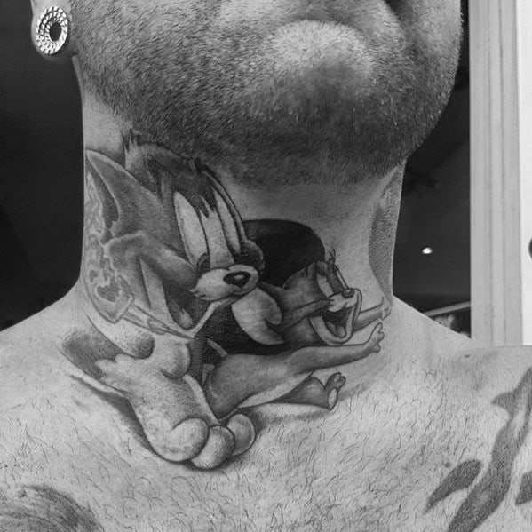 Detailed black and grey neck tattoo of Tom pulling Jerry by the tail, capturing their classic cartoon rivalry with dramatic shading.