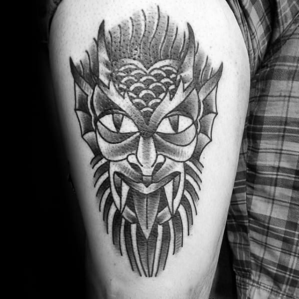 Masculine Traditional Devil Mens Thigh Tattoo Ideas