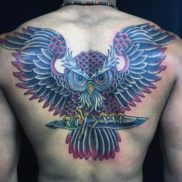 Masculine Traditional Owl With Dagger Back Tattoos For Men