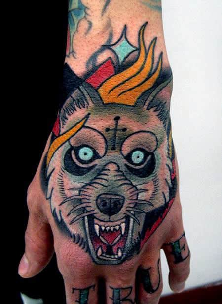 Masculine Traditional Wolf Male Hand Tattoo