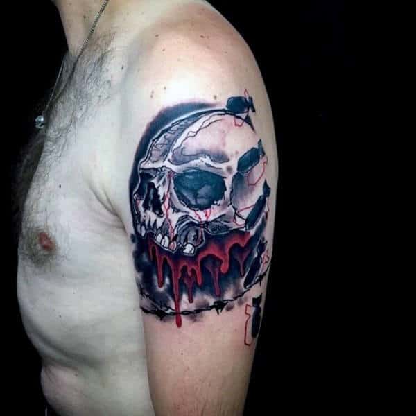 Masculine Trash Polka Skull Tattoo On Upper Arm For Guys