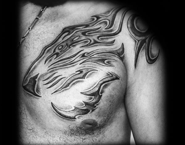 Masculine Tribal Tiger Chest And Shoulder Tattoo Ideas For Men