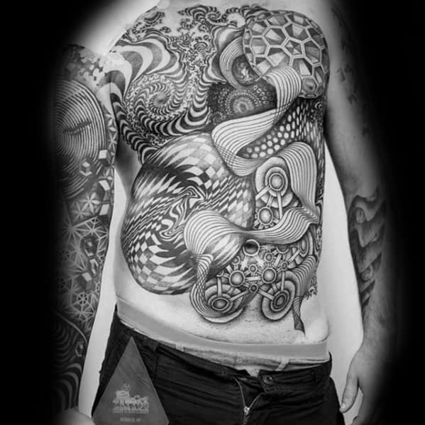 Full torso black and grey tattoo with intricate optical illusions, 3D shapes, swirling patterns, and geometric textures.