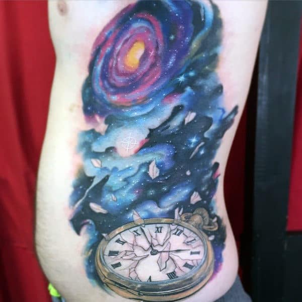Masculine Universe Tattoo With Timepiece Side Ribs Guys
