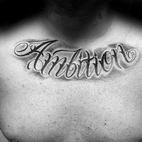 The word "Ambition" in graceful script adorns a person's chest