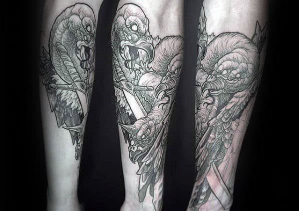 Masculine Vulture Sword Inner Forearm Tattoos For Men
