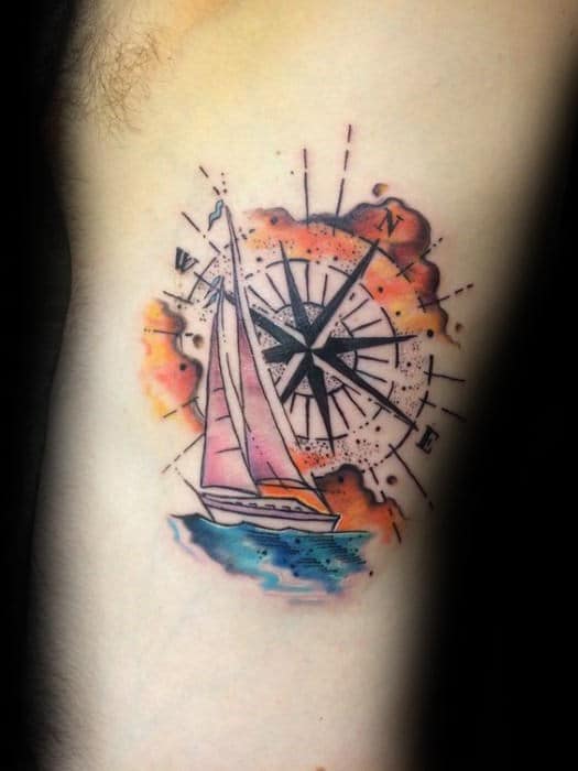 Masculine Watercolor Compass Sailing Boat Mens Rib Cage Side Tattoo