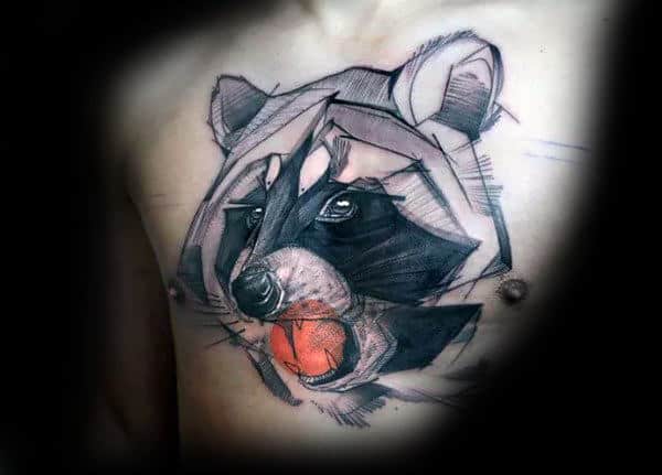 Masculine Watercolor Raccoon With Orange Circle Mens Chest Tattoos
