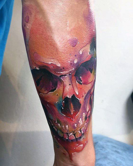 Masculine Watercolor Skull Tattoos For Men On Forearm