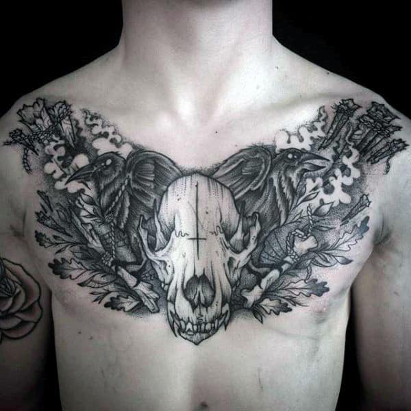 Masculine Wolf Skull Guys Upper Chest Tattoo