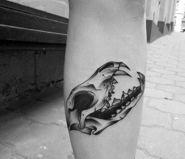 Masculine Wolf Skull Leg Calf Tattoos For Men