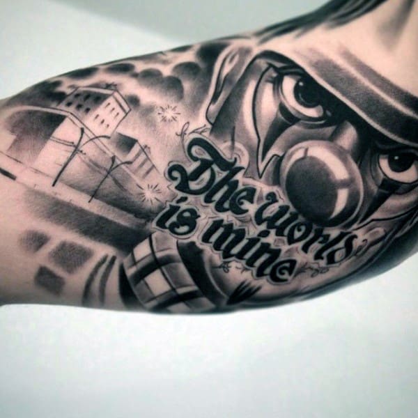 Mask Street Chicano Mens Inner Arm Bicep Tattoo Design Ideas