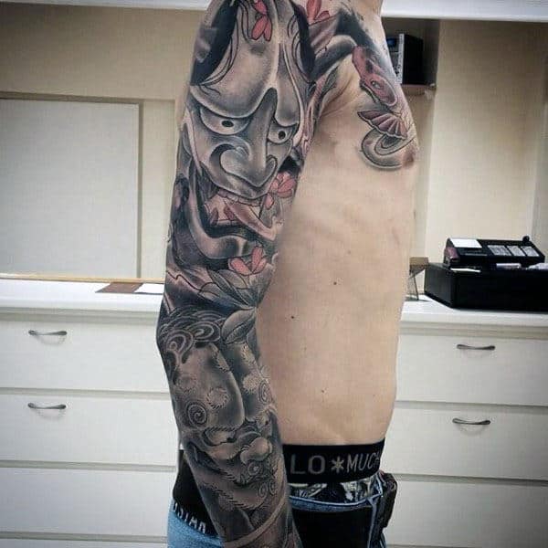 Mask With Foo Dog Mens Japanese Sleeve Tattoo