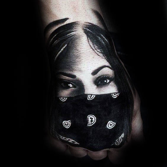 Masked Female Portrait Chicano Hand Tattoos For Men