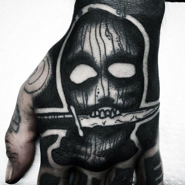 Masked Man With Knife Blackwork Hand Tattoos For Men
