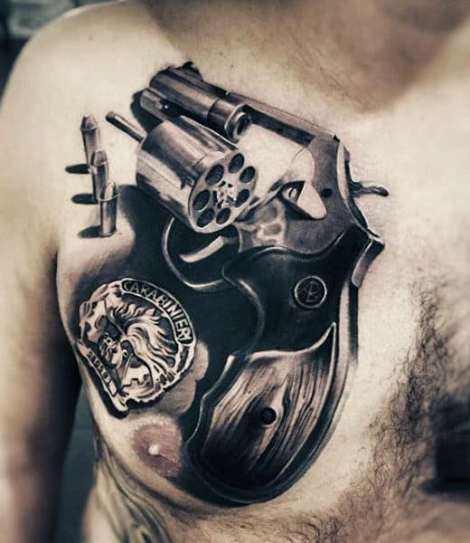 Massive Unloaded Pistol Tattoo On Chest For Guys