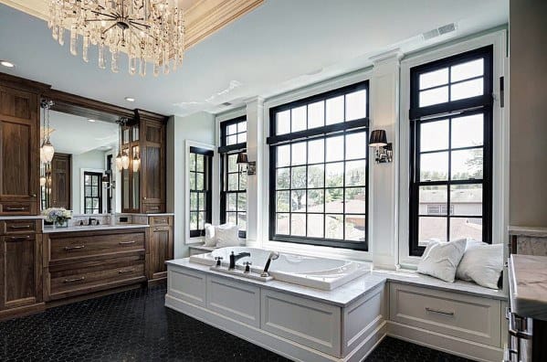 luxury wood vanity bathroom with black accents