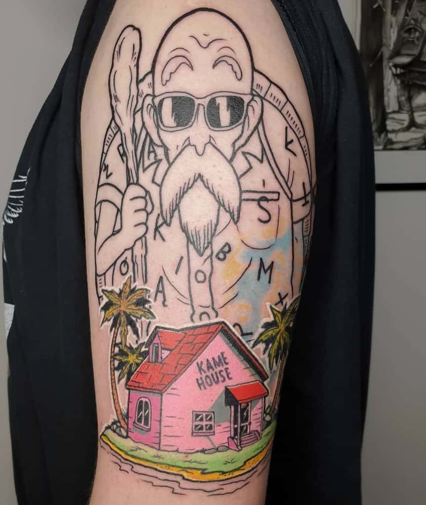 A tattoo of Master Roshi from Dragon Ball, surrounded by mystical symbols, with the Kame House below him and palm trees in the background.