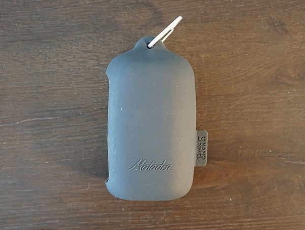 Matador Nanodry Shower Towel Travel Case Front With Carabiner Attachement