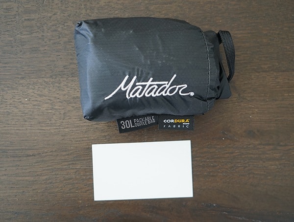 Matador Transit30 Compact Duffle Bag Business Card Size Comparison