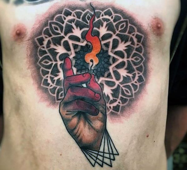 Match On Fire Mens Stomach Tattoos With Abstact Design