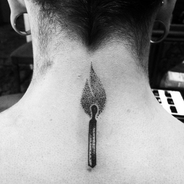 Dotwork tattoo of a burning matchstick at the nape of the neck, symbolizing inner fire, transformation, and strength sparked from within.