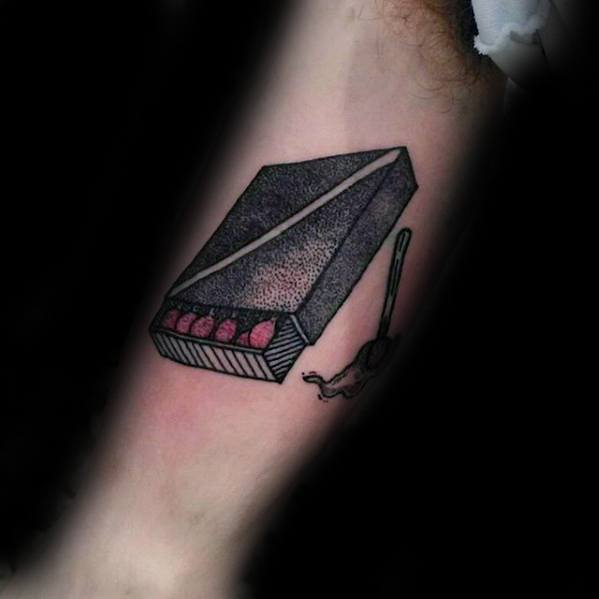 Dotwork tattoo of a matchbox with a single burnt match and smoke, symbolizing individuality, burnout, or standing out from the crowd.