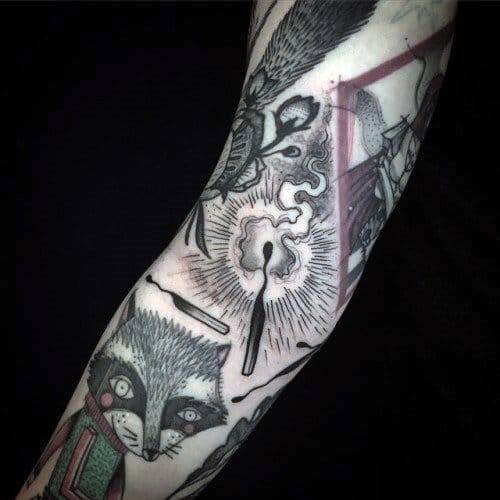 Tattoo of a central matchstick with smoke and radiating lines, surrounded by other match designs, symbolizing ignition, chaos, or a spark within.