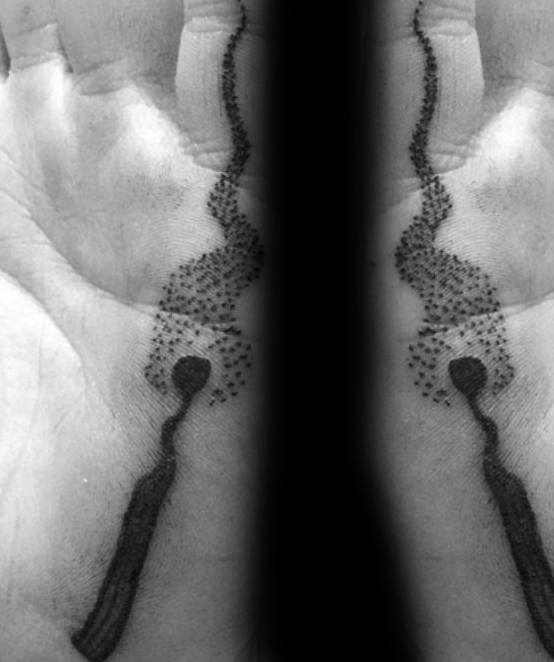 Matching palm tattoos of burning matchsticks with dotted smoke trails, symbolizing shared spark, unity, and the ephemeral nature of energy.