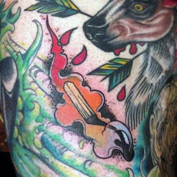 Bold neo-traditional tattoo of a burning matchstick with dynamic flames and vibrant background, symbolizing chaos, ignition, and raw energy.