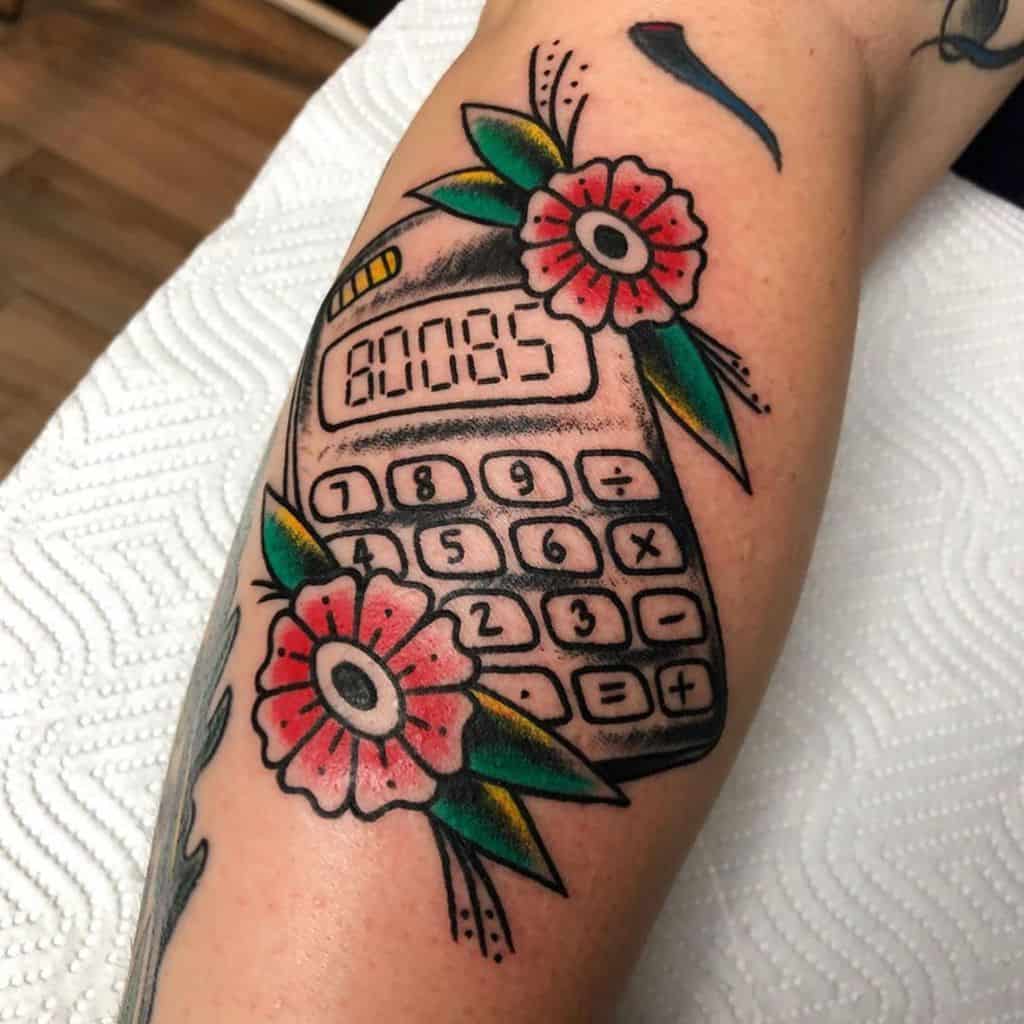 Funny tattoo of a vintage calculator displaying '80085' with floral accents. A playful nod to old-school calculator humor.