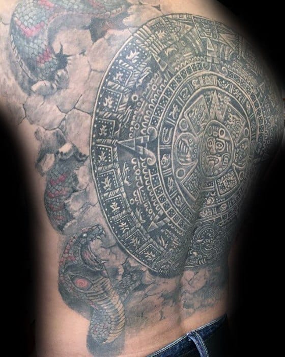Mayan Calender Guys Tattoo Ideas White And Grey Ink Full Back