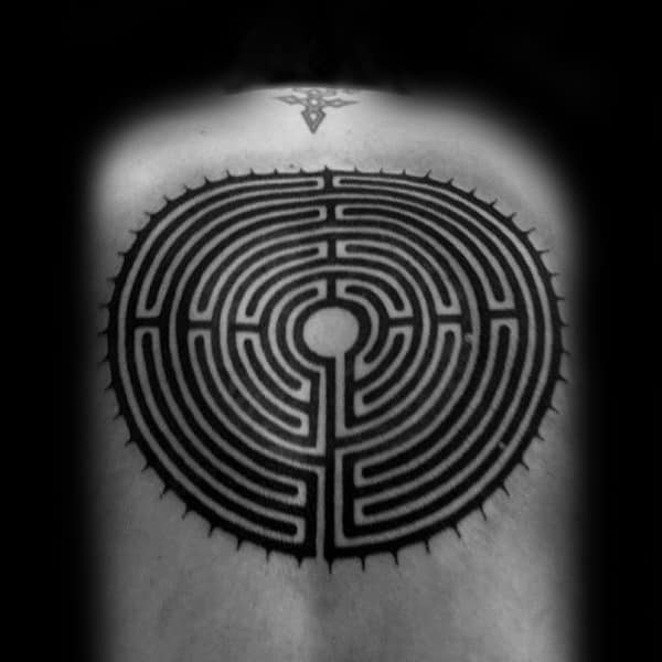 Maze Circle Guys Back Black Ink Tattoos