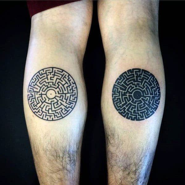 Maze Guys Tattoos On Leg Calf