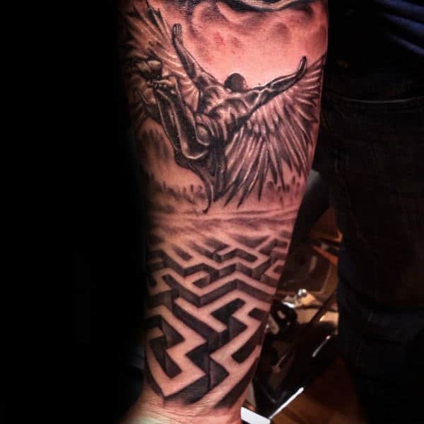 Maze With 3d Design Mens Icarus Forearm Sleeve Tattoo