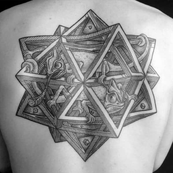MC Escher-inspired back tattoo featuring a complex geometric star structure with interwoven lizards crawling through impossible shapes.