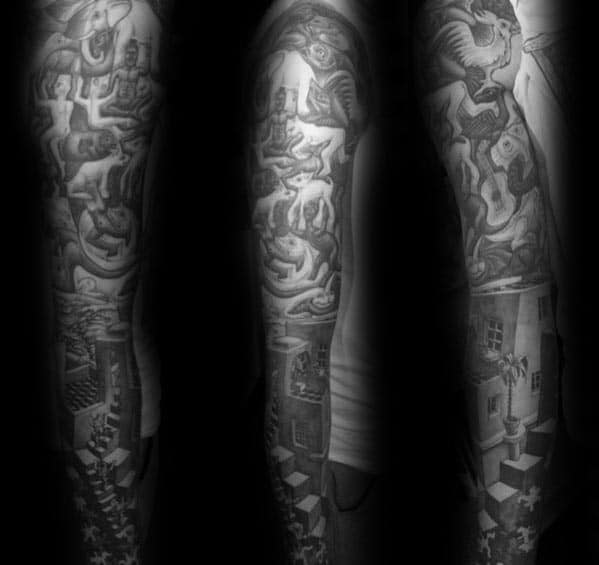 Full sleeve tattoo inspired by MC Escher, featuring morphing creatures, impossible staircases, and surreal geometric transitions.