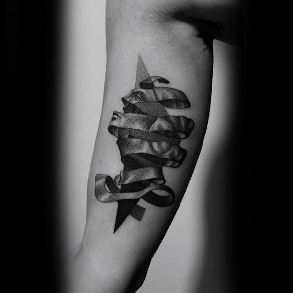 MC Escher-inspired tattoo of a classical face intertwined with a shaded 3D ribbon and geometric shapes for a surreal visual illusion.