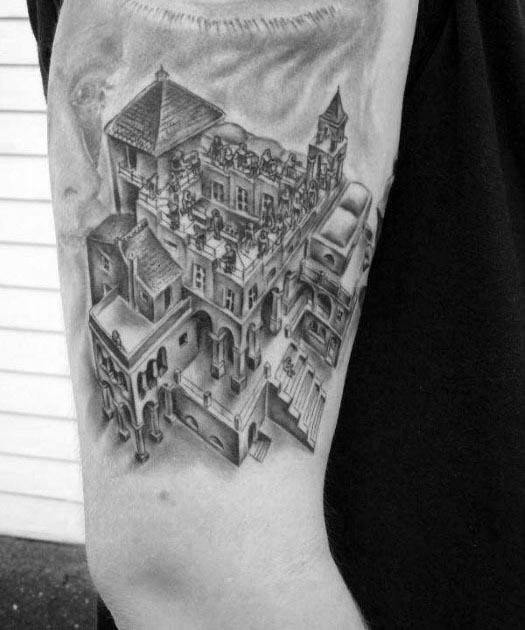 MC Escher-inspired tattoo of an impossible architectural structure with gravity-defying staircases and surreal building perspectives.