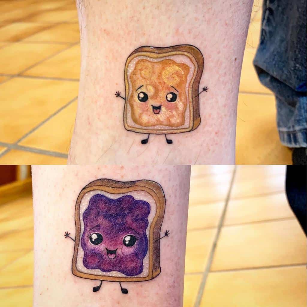 Matching sister tattoos featuring cute, smiling peanut butter and jelly toast characters with animated expressions
