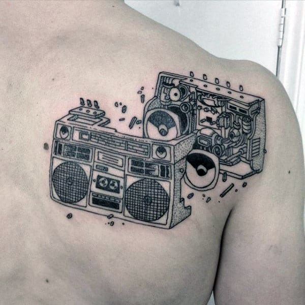 Mechanical Boombox Mens Upper Back Shoulder Tattoos
