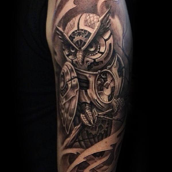 Mechanical Gear Owl Mens Arm Sleeve Tattoos