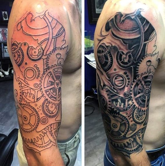 Mechanical Gears Awesome Mens Ripped Skin Sleeve Tattoo