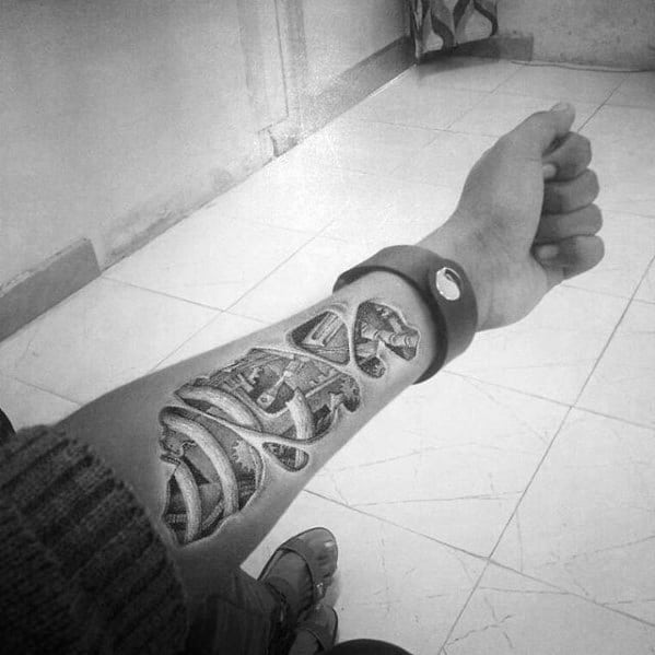 Mechanical Gears Guys 3d Inner Forearm Tattoo Inspiration